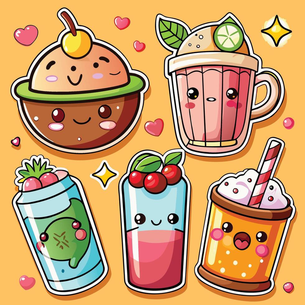 cute drinks and drinks stickers set vector