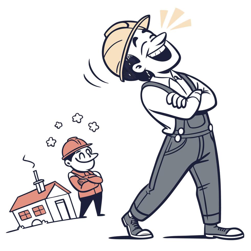 a cartoon man in overalls and hat standing next to a house vector