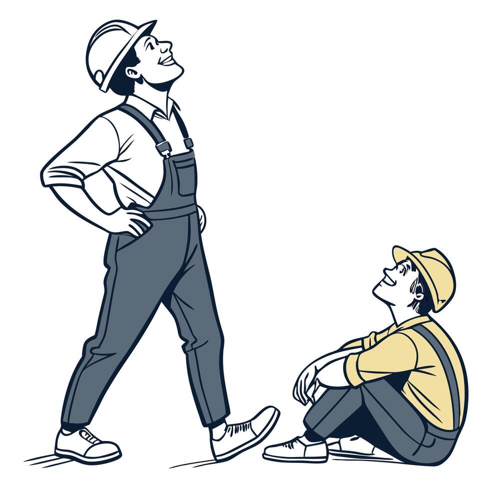 a man in overalls and a man in overalls sitting down vector