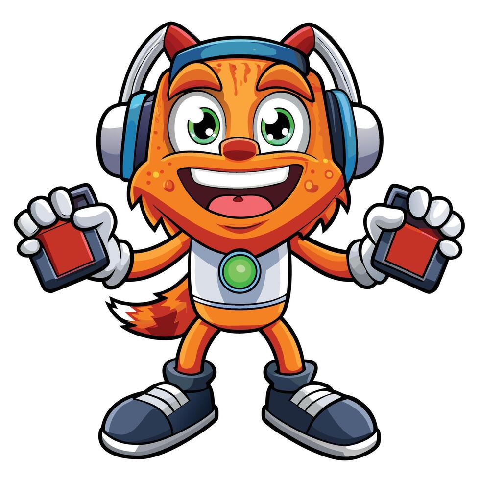 a cartoon cat wearing headphones and holding a remote control vector