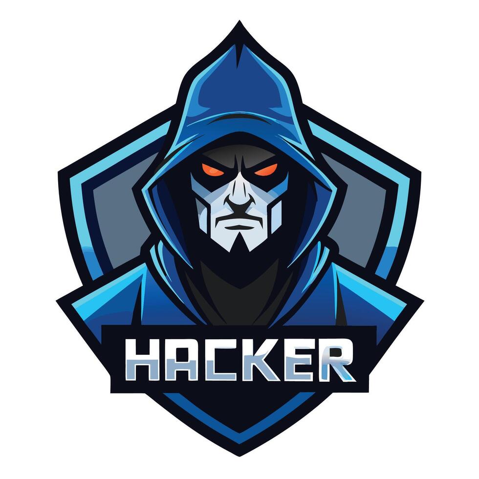 the hacker logo, with a blue hoodie and black eyes vector