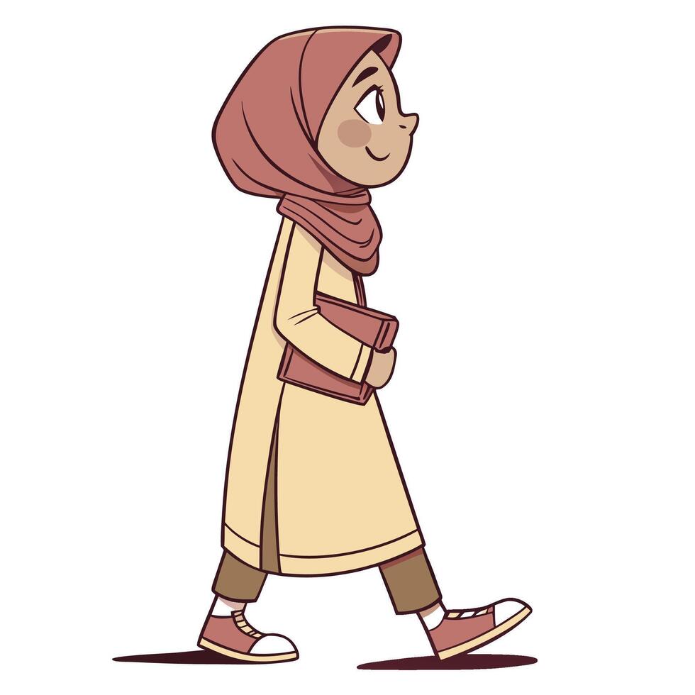 muslim girl walking with book in hand cartoon illustration vector