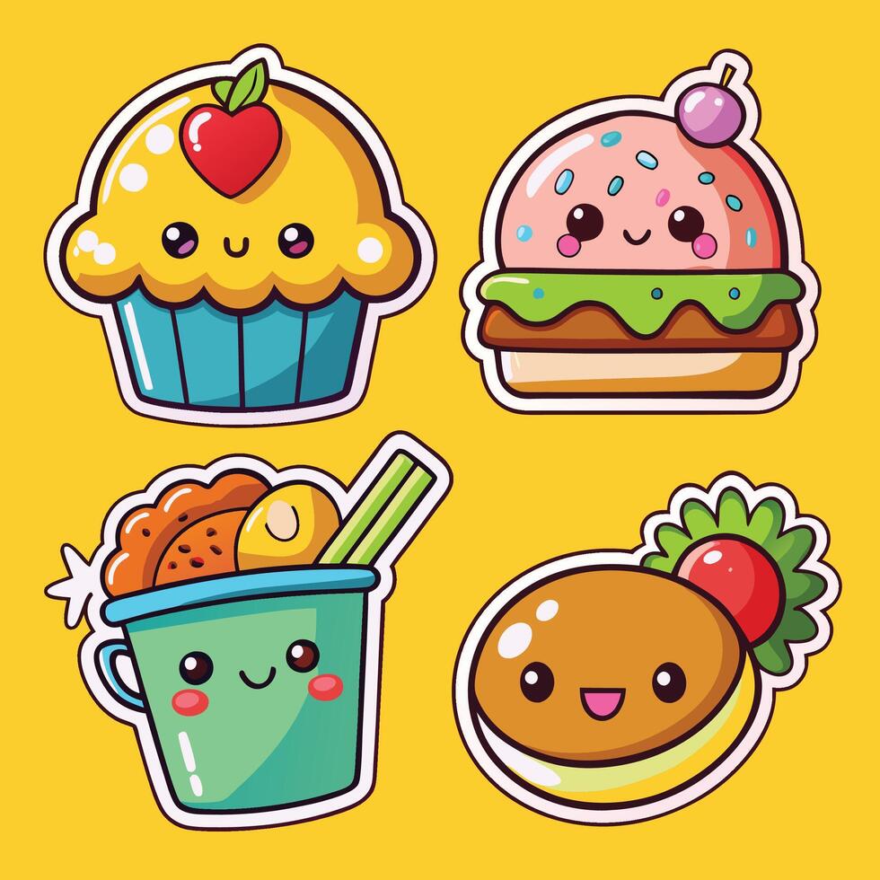 cute kawaii food stickers set on yellow background vector