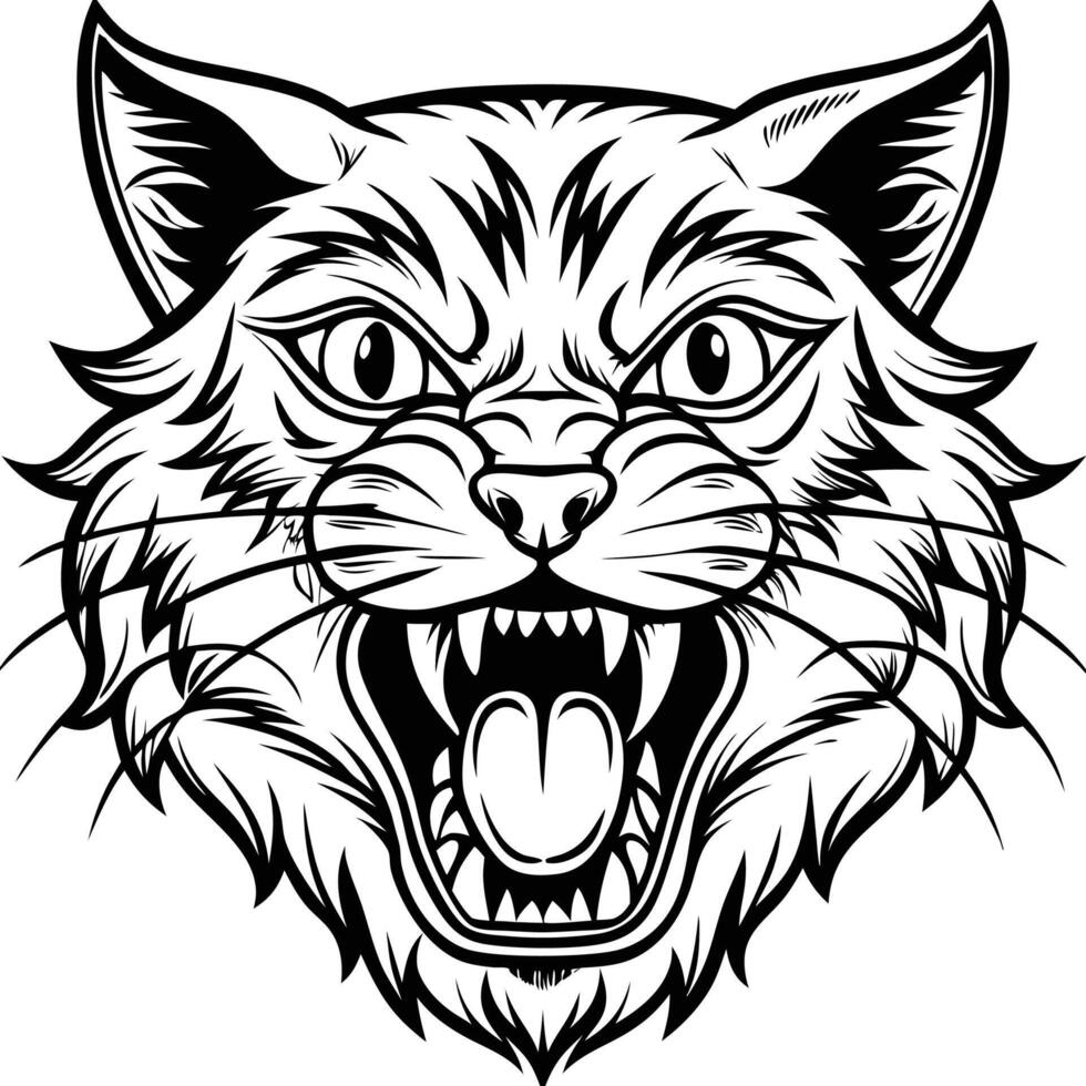 a cat head with its mouth open and its teeth showing vector