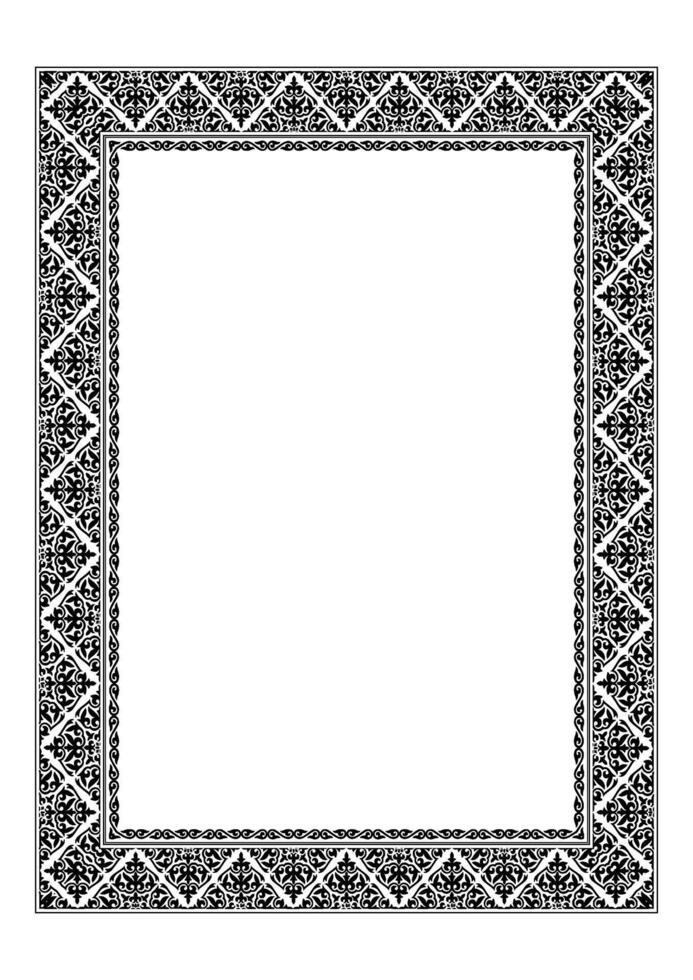 Monochrome rectangular Vertical Oriental national ornament frame. A4 format. Abstract Oriental Asian elements of national pattern of ancient nomads of the Kazakhs, Kyrgyz, Mongols. For award vector