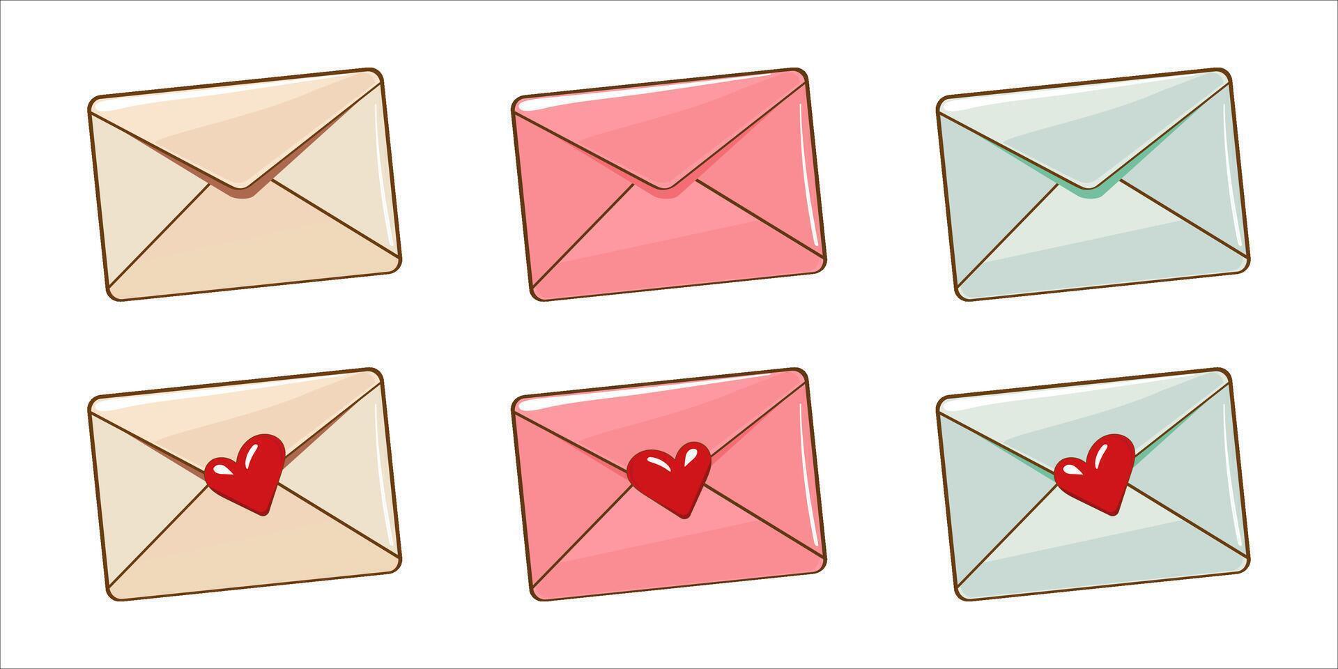 Set of valentine's day icons with envelopes, hearts. Cute love stickers set for daily planner and diary. Scrapbooking elements for valentines day, mother's day. Valentine day icons in cartoon style vector