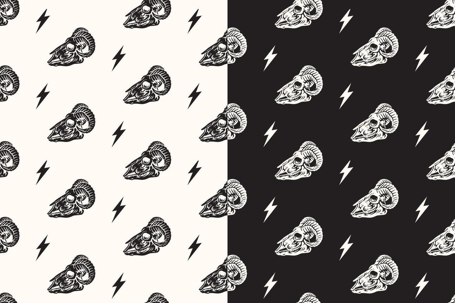 retro goat skull bone seamless pattern on black white background for adventure merchandise. doodle curved horns with skull pattern background. pattern of animal skull with big horn background vector