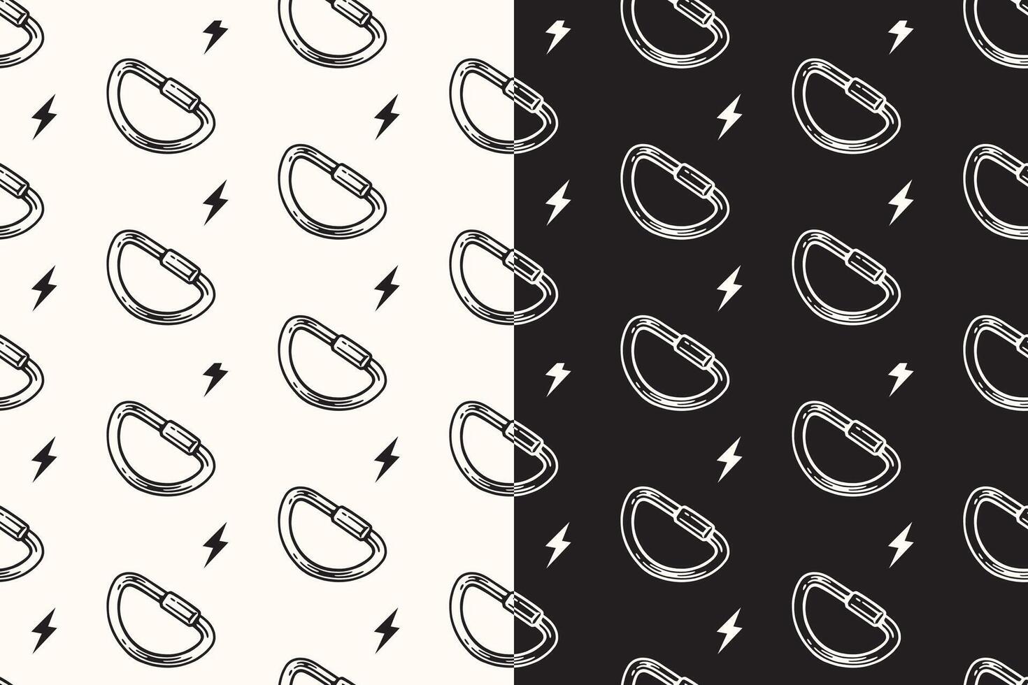 doodle carabiner d shape seamless pattern on black white background for adventure merchandise. retro screw lock carabiner pattern background. pattern of climbing carabiner background vector