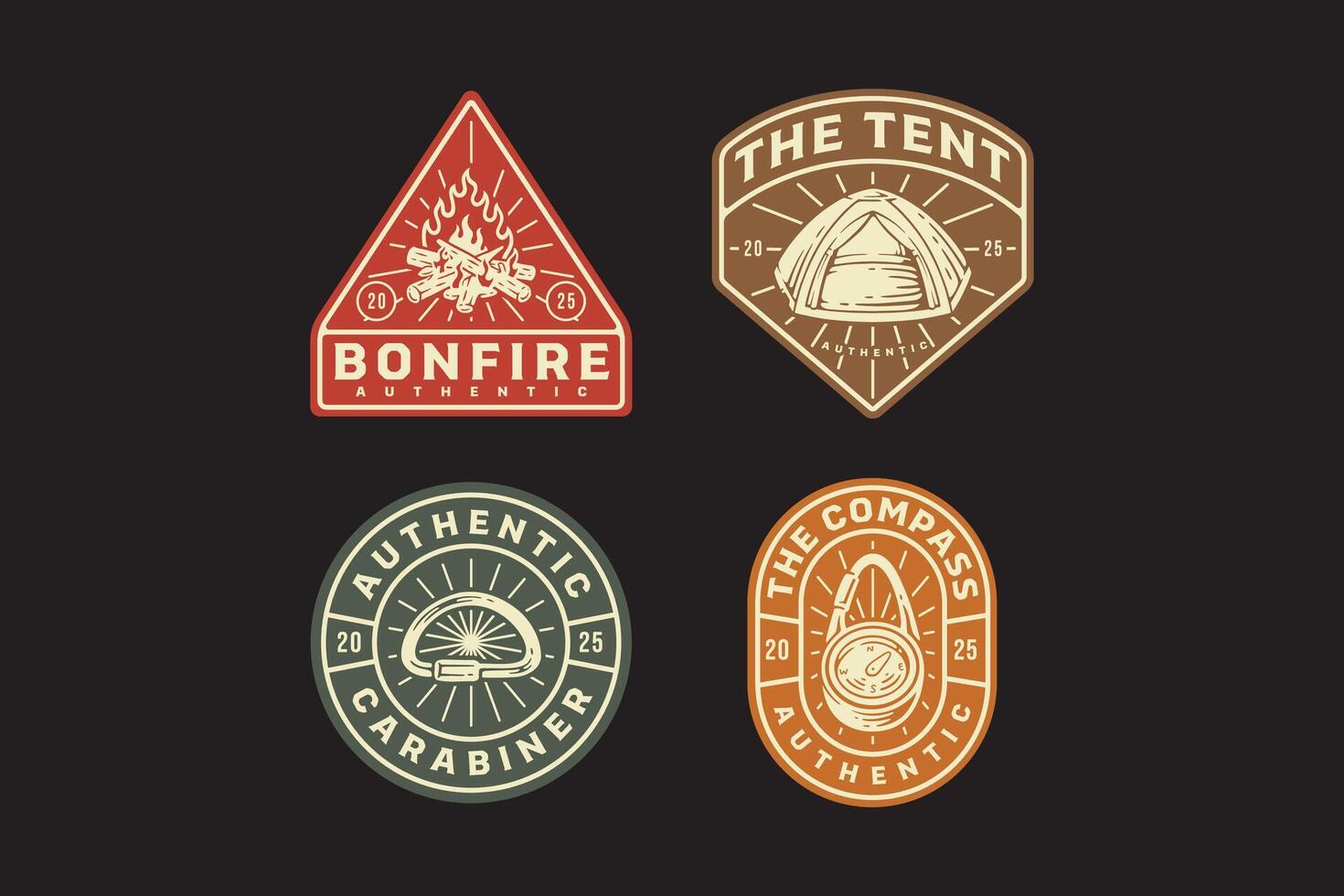 campfire, dome camping tent, compass with key chain, carabiner D shape, bonfire, navigation retro badge logo design collection set for adventure, explorer, mountaineer, hiker and climber vector