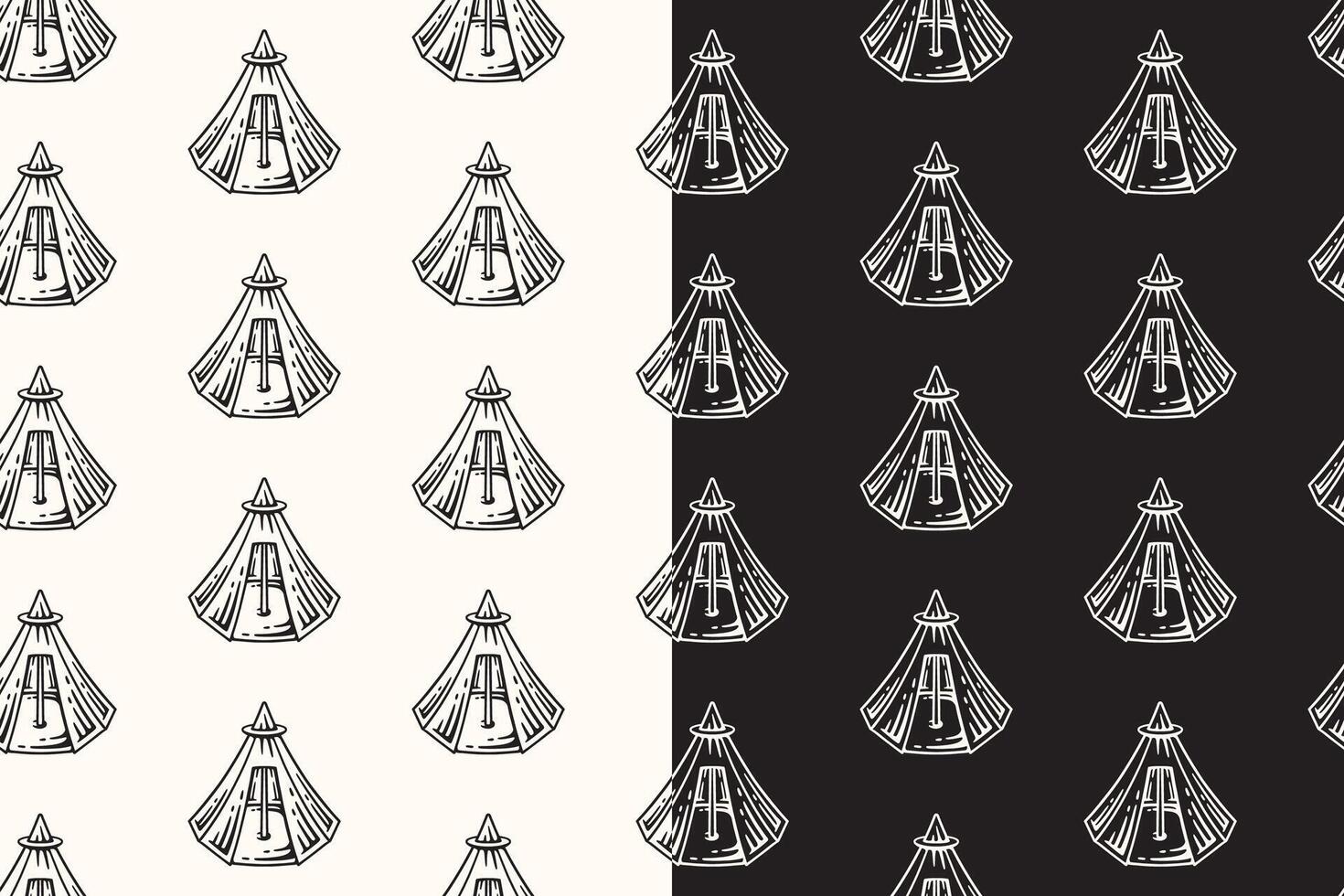 doodle ridge tent seamless pattern on black white background for camping adventure merchandise. retro camping tent pattern background. pattern of outdoor camping tent background vector