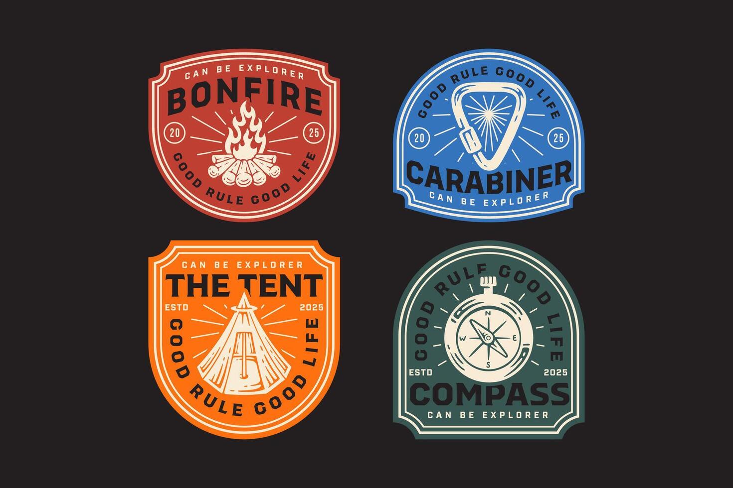 bonfire, ridge camping tent, old compass, carabiner triangle shape, campfire, navigation retro badge logo design collection set for adventure, explorer, mountaineer, hiker and climber vector