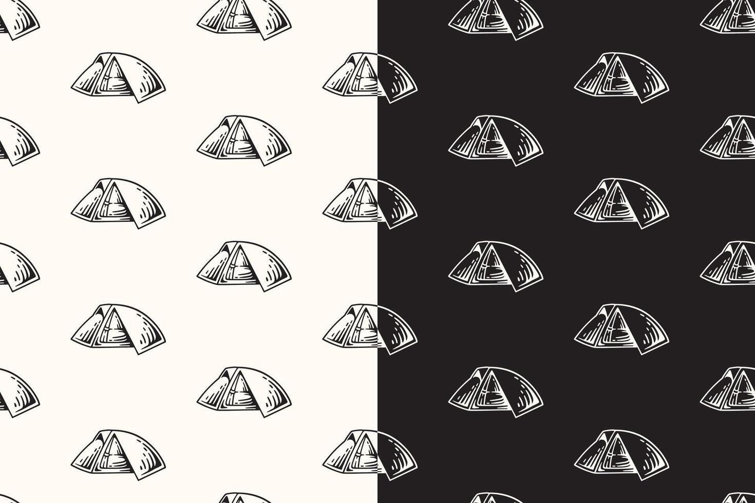 doodle dome tent seamless pattern on black white background for camping adventure merchandise. retro outdoor camping tent pattern background. pattern of campsite tent background vector