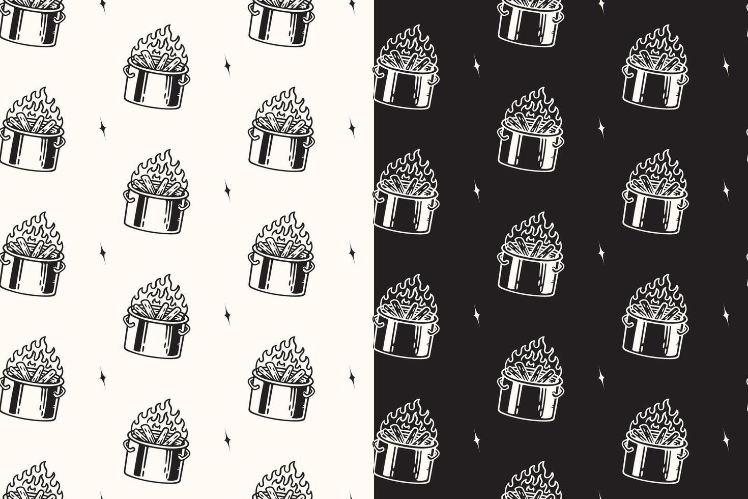 doodle campfire barrel seamless pattern on black white background for camping adventure merchandise. retro bonfire with drum pattern background. pattern of bale fire with keg background vector