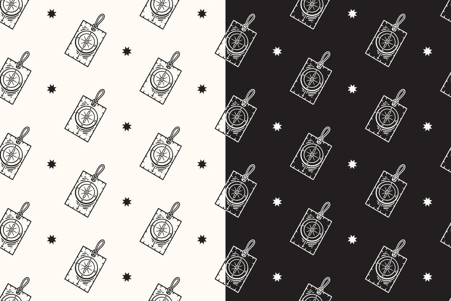 doodle compass ruler outdoor seamless pattern on black white background for camping adventure merchandise. retro ruler compass pattern background. pattern of compass ruler background vector