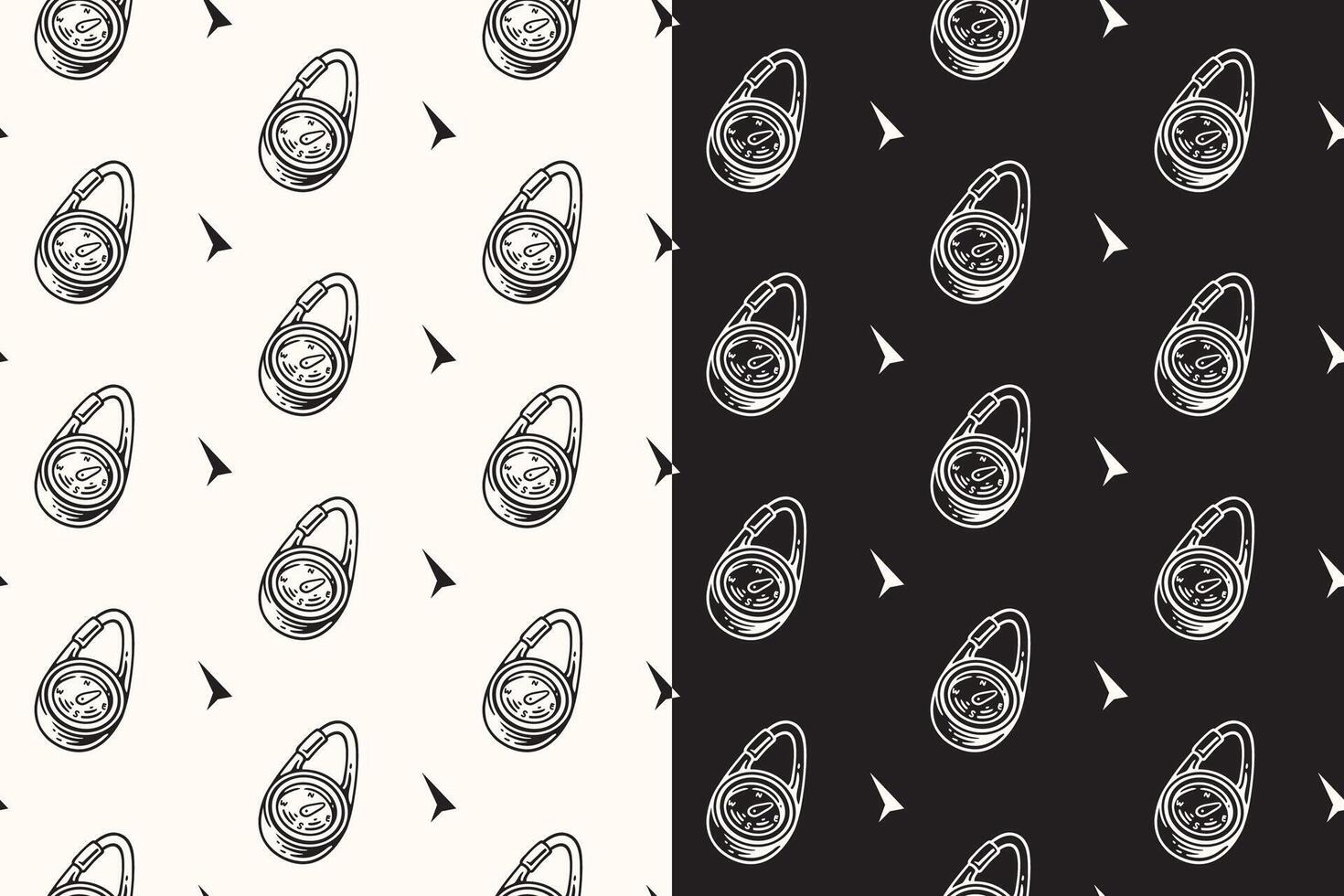 doodle compass with key chain seamless pattern on black white background for camping adventure merchandise. retro modern compass pattern background. pattern of compass navigation background vector