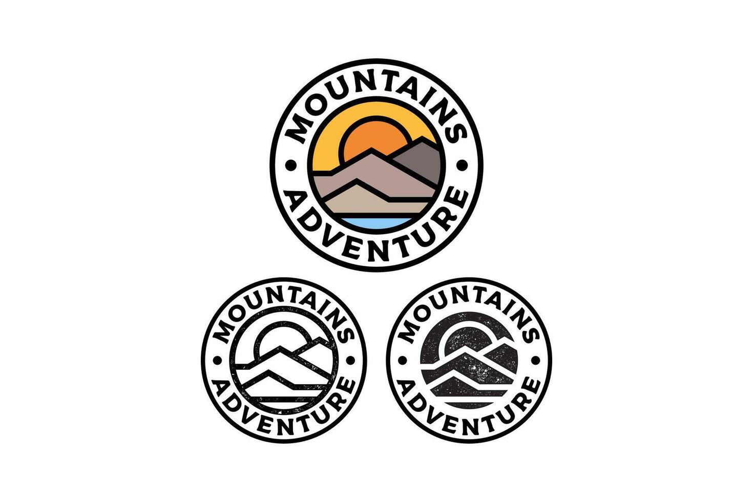 mountain peaks with sun and lake circle badge illustration template graphic design collection with colorful, filled and line art style for adventure and outdoors merchandise and other uses. vector