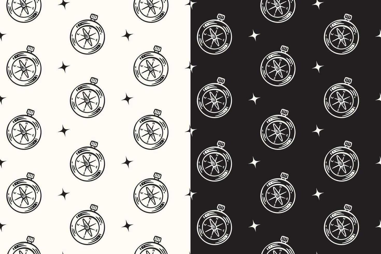 doodle old compass navigation tool seamless pattern on black white background for camping adventure merchandise. retro classic compass pattern background. pattern of compass background vector
