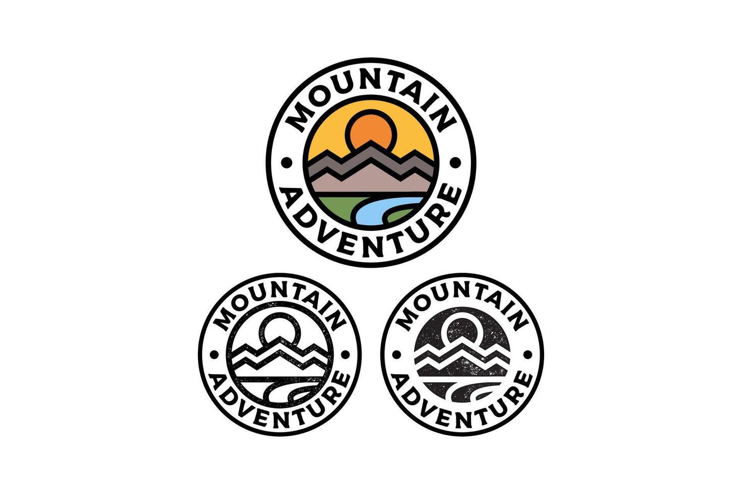 mountain peak with sun and river circle badge illustration template graphic design collection with colorful, filled and line art style for adventure and outdoors merchandise and other uses. vector