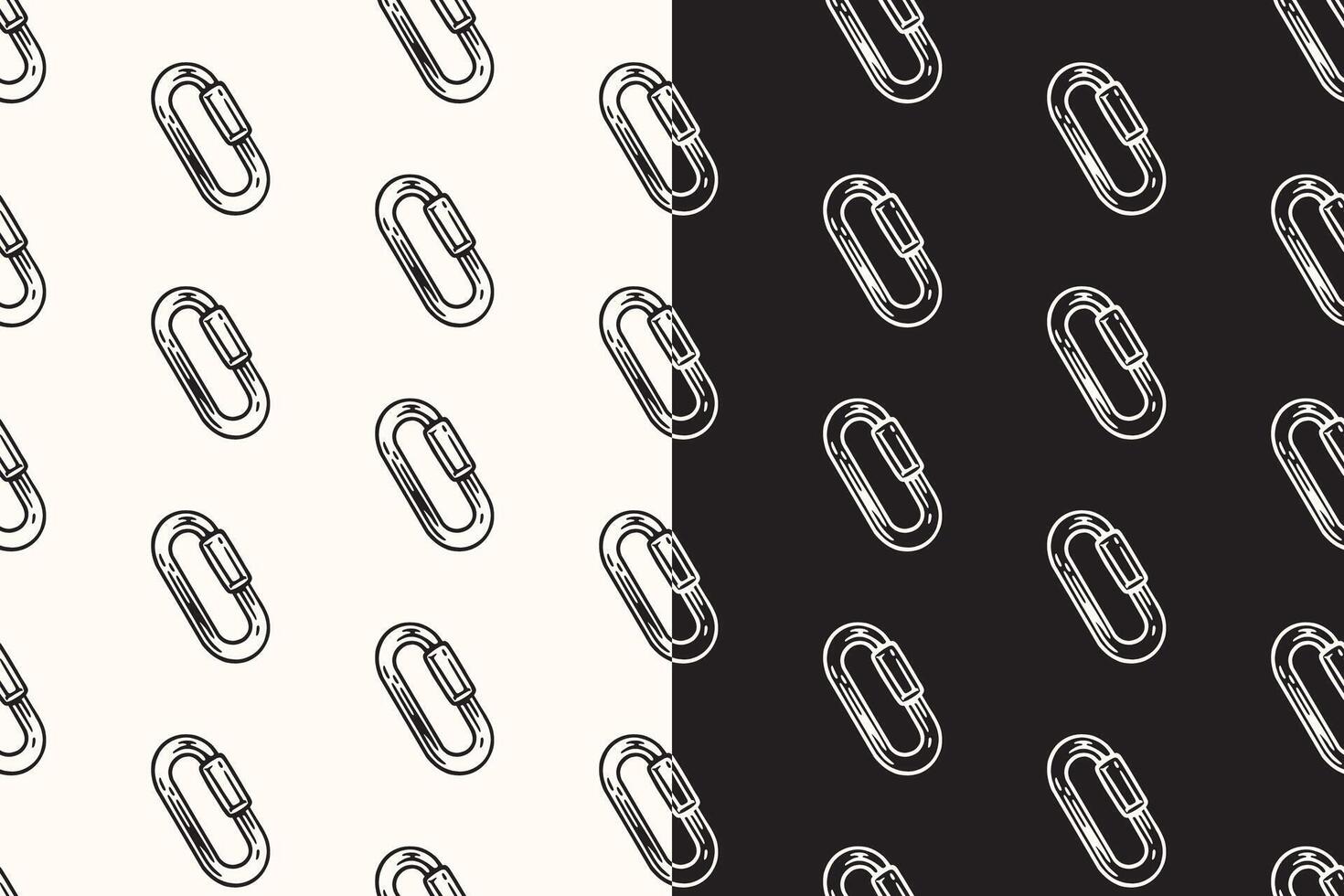 doodle carabiner oval shape seamless pattern on black white background for adventure merchandise. retro screw lock carabiner pattern background. pattern of climbing carabiner background vector