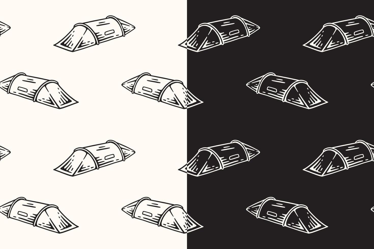 doodle tunnel tent seamless pattern on black white background for camping adventure merchandise. retro tourist outdoor tent pattern background. pattern of outdoor camping tent background vector