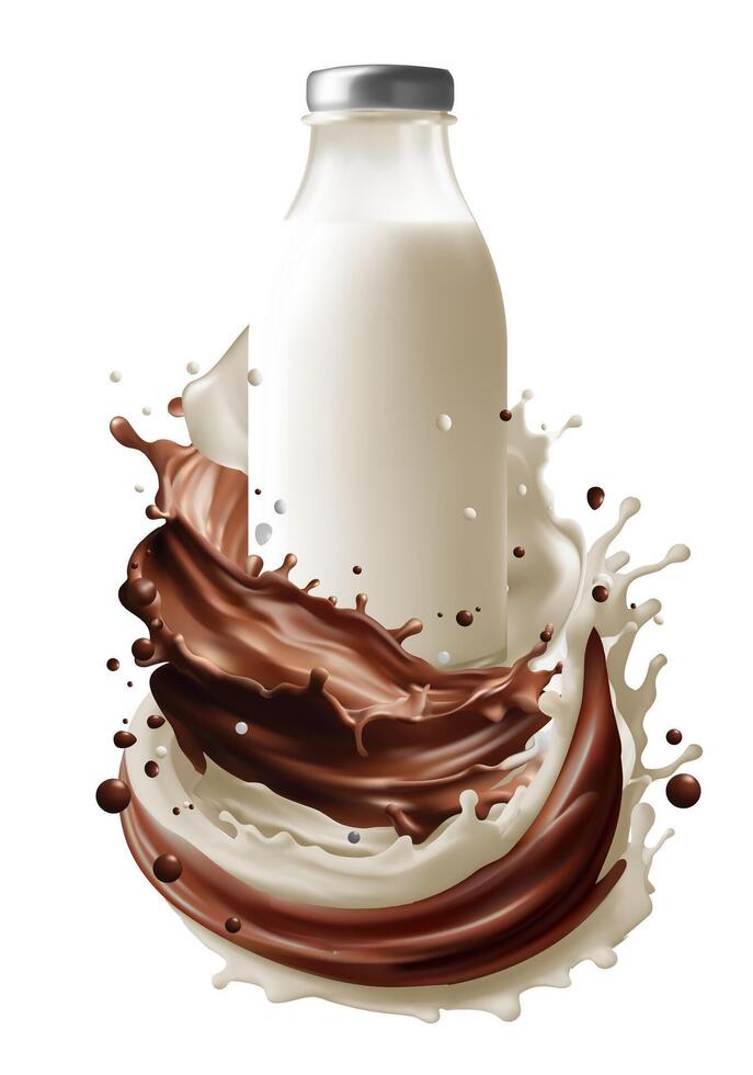 Milk splash swirls and flow. Realistic background with cocoa and milky waves with drops. illustration isolated on white background. vector