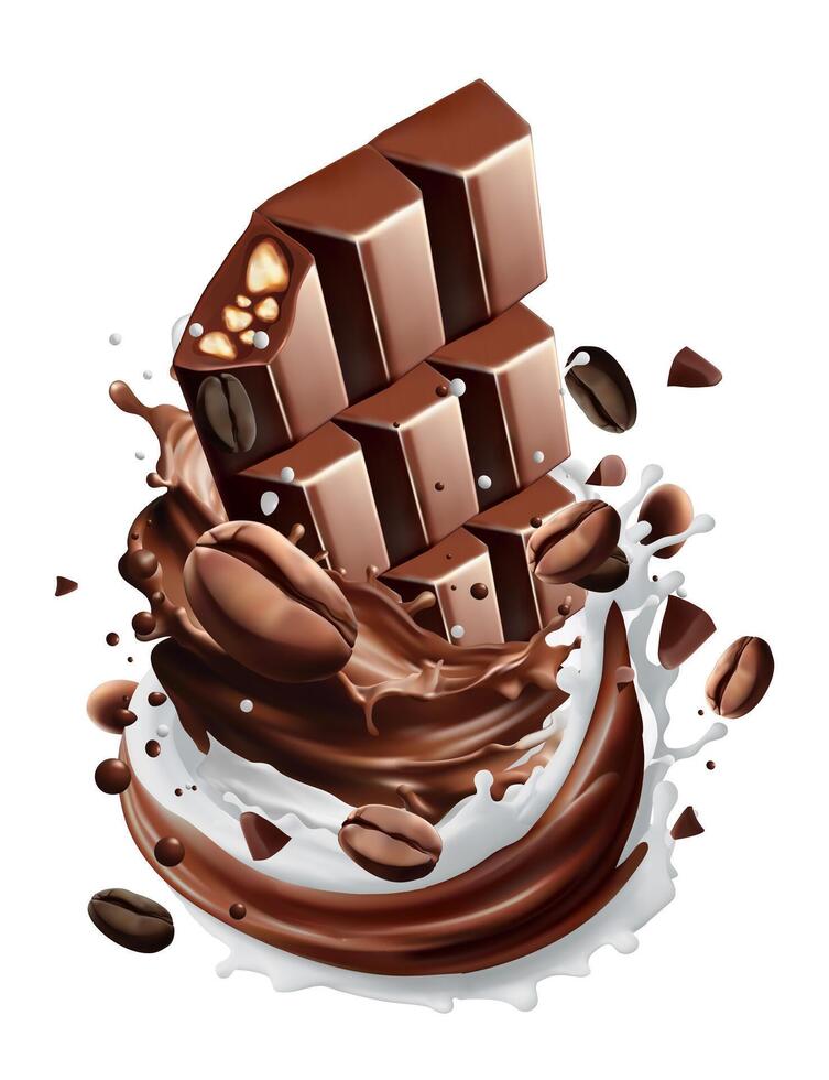 Milk splashing Chocolate liquid and Chocolate bar splashing in the middle isolated on background, realistic in 3d illustration. Food concepts.Gradient vector