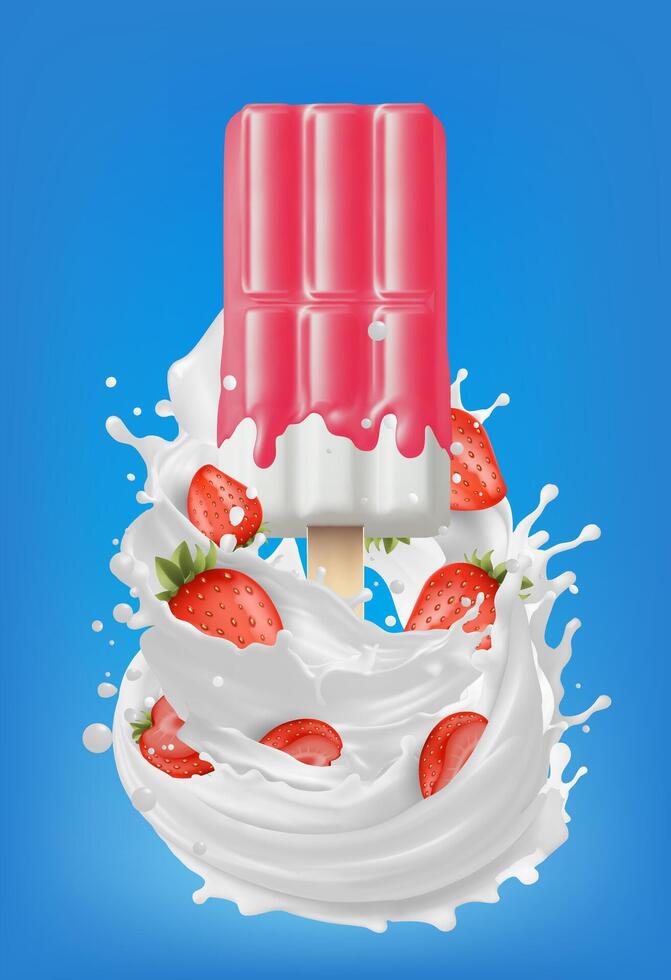 Strawberry ice cream with swirl splash on background. Realistic ice cream with ripe berries vector