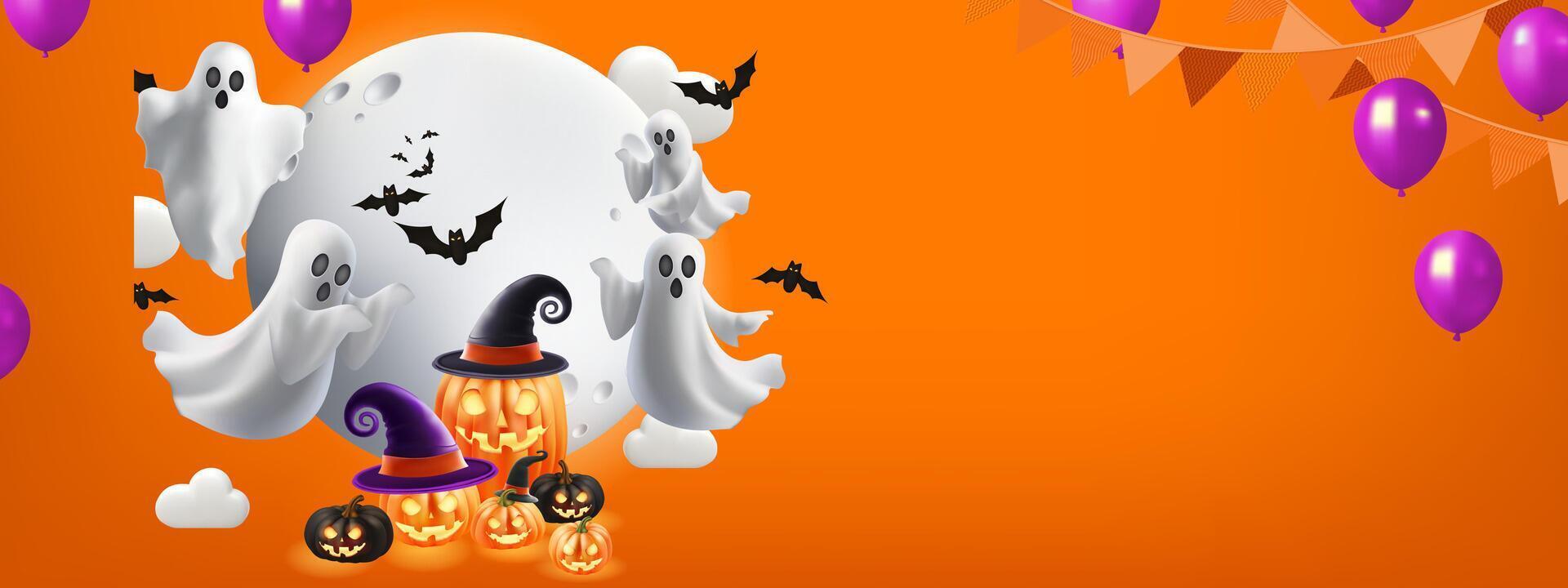 Halloween product display for presentation banner background. Spooky ghost with Jack o lantern Minimal holiday concept vector