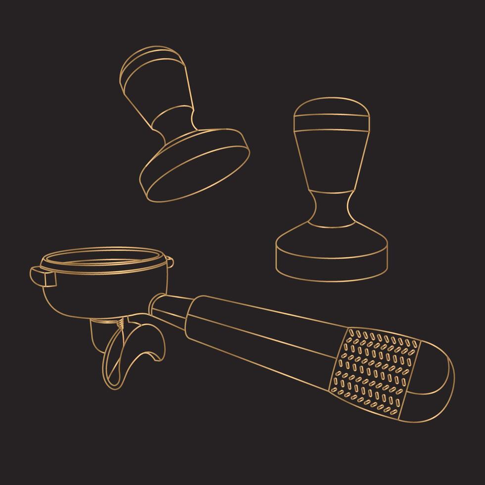 golden line drawing on black background. Coffee brewing handle. Coffee brewing equipment. vector
