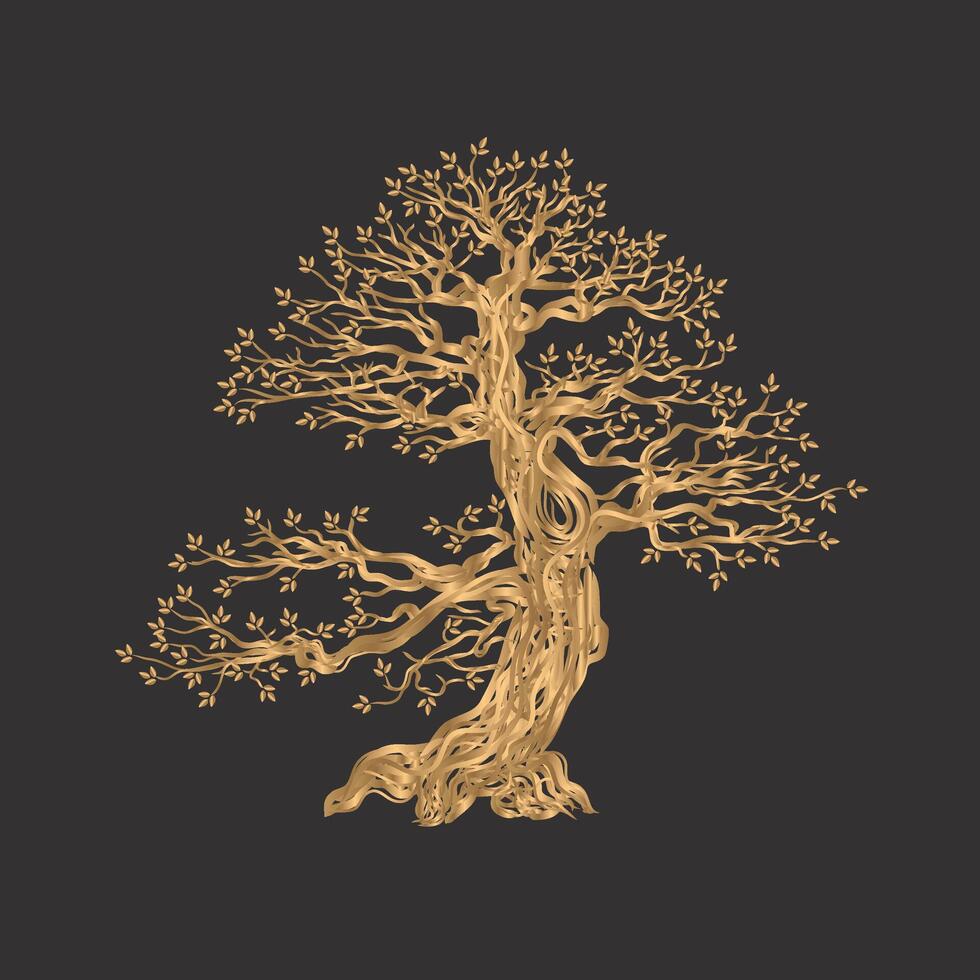 tree drawing, bonsai tree, golden line drawing vector