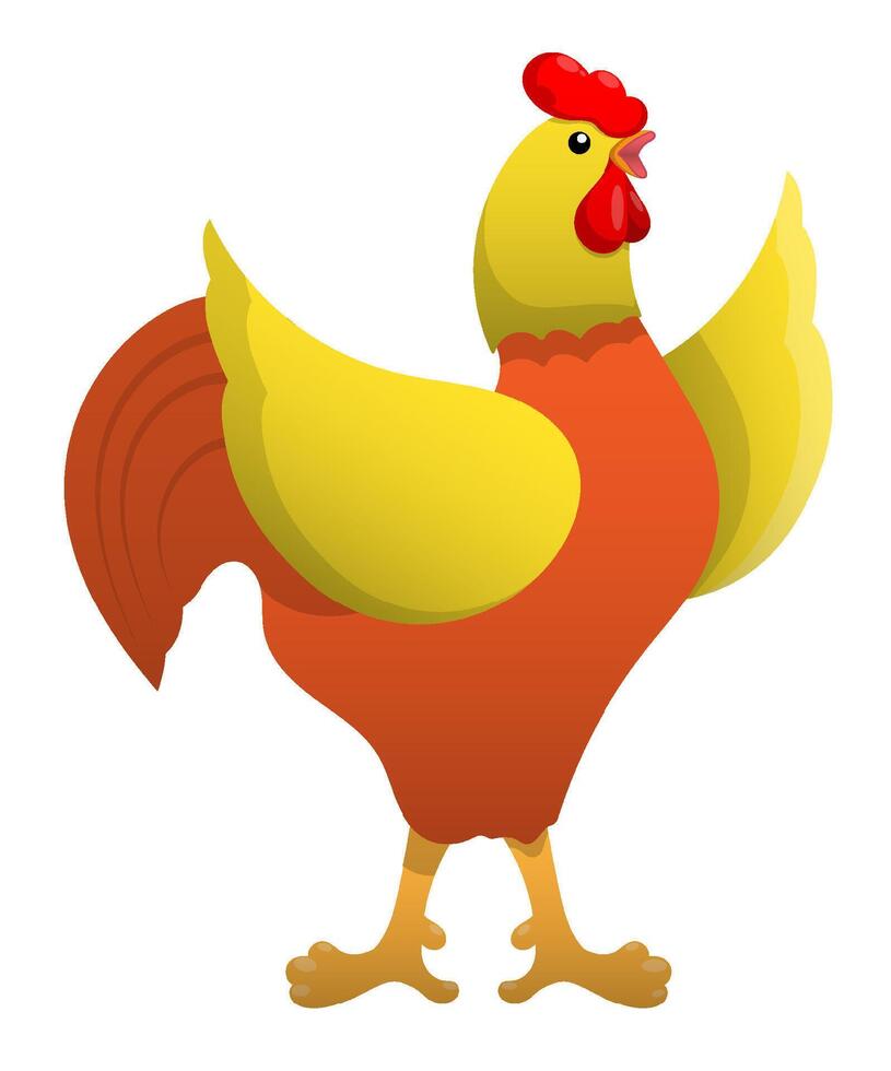 Cartoon spread its wings wide and sings loudly. Rooster crowing in morning at farm. Colored isolated on white background. vector