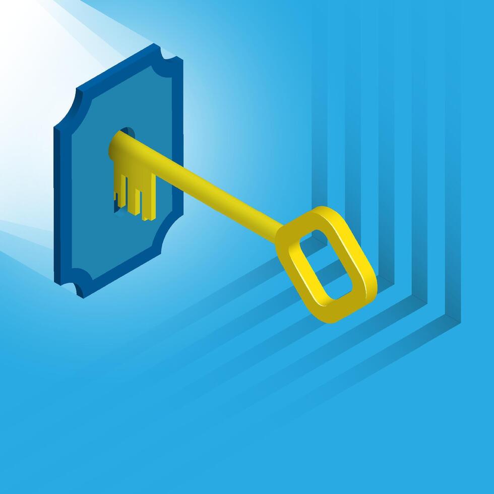 Isometric golden key enters keyhole. Key opens access to data on digital device. Realistic 3D vector