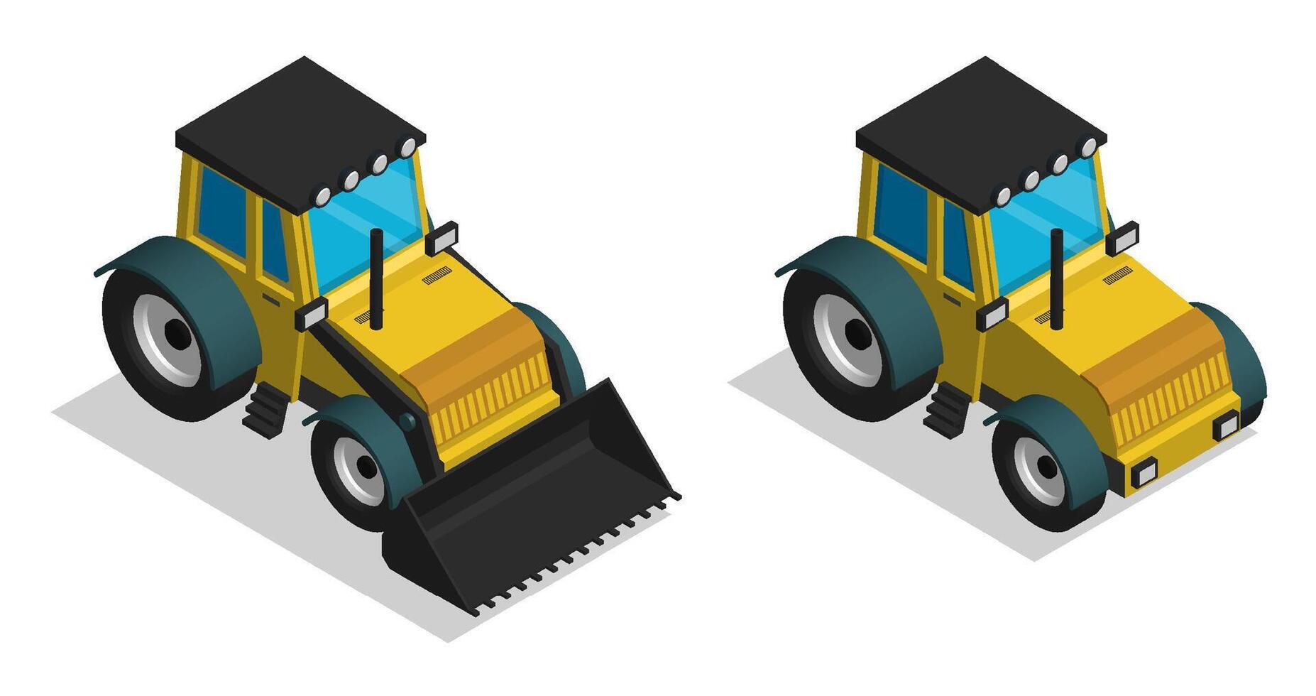 Isometric Construction equipment tractor. Industrial machinery and equipment. Realistic cartoon 3d isolated on white background vector