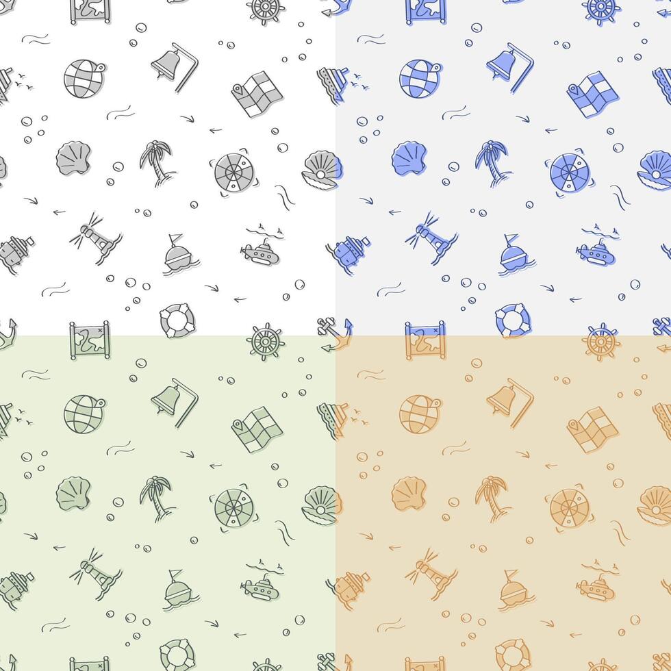 set of seamless patterns with doodle linear icons. Submarine, lifebuoy, buoy on waves, compass, map. Ornament for decoration and printing on fabric. Design element. vector