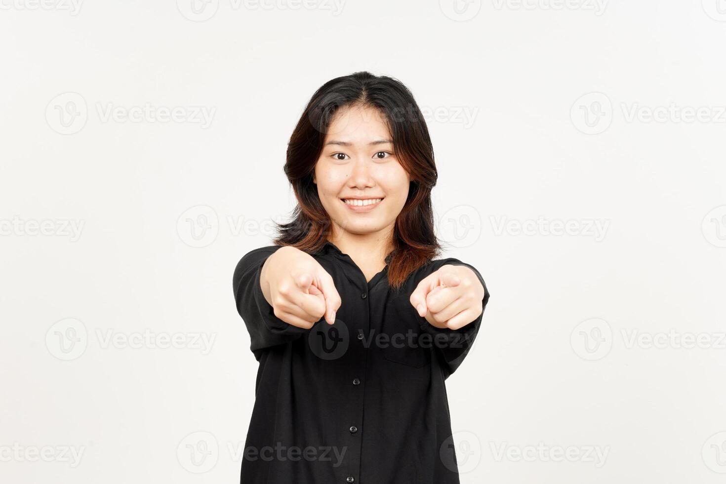 Smiling and pointing at camera of Beautiful Asian Woman Isolated On White Background photo