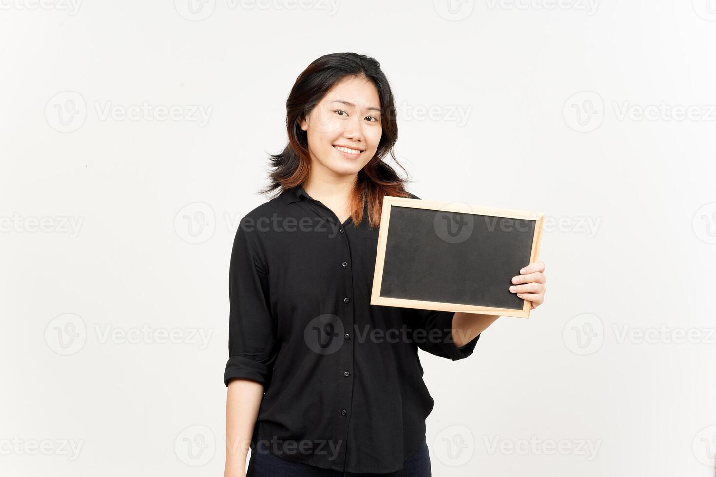 Showing, Presenting and holding Blank Blackboard of Beautiful Asian Woman Isolated On White photo