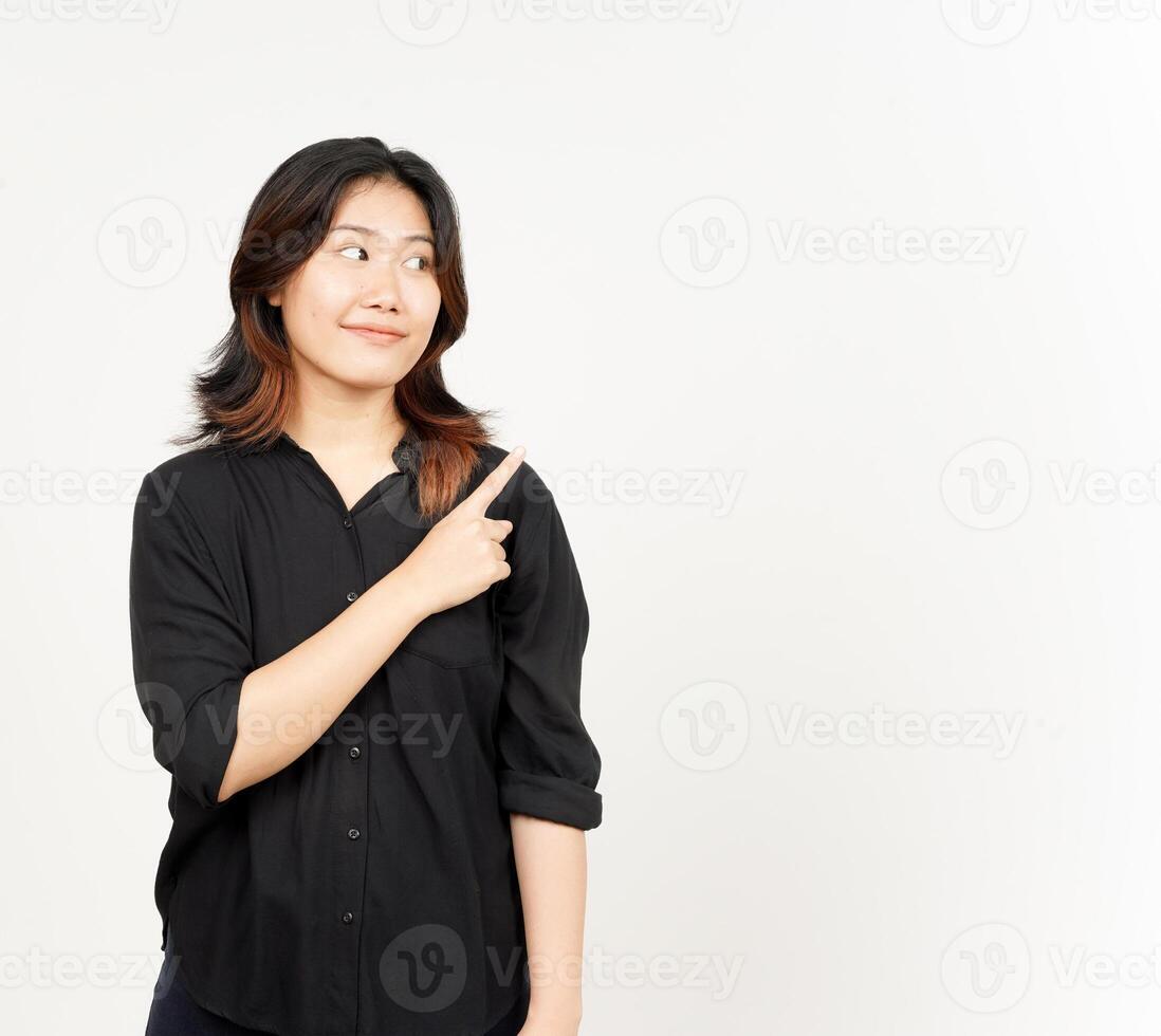 Showing Product and Pointing Side of Beautiful Asian Woman Isolated On White Background photo