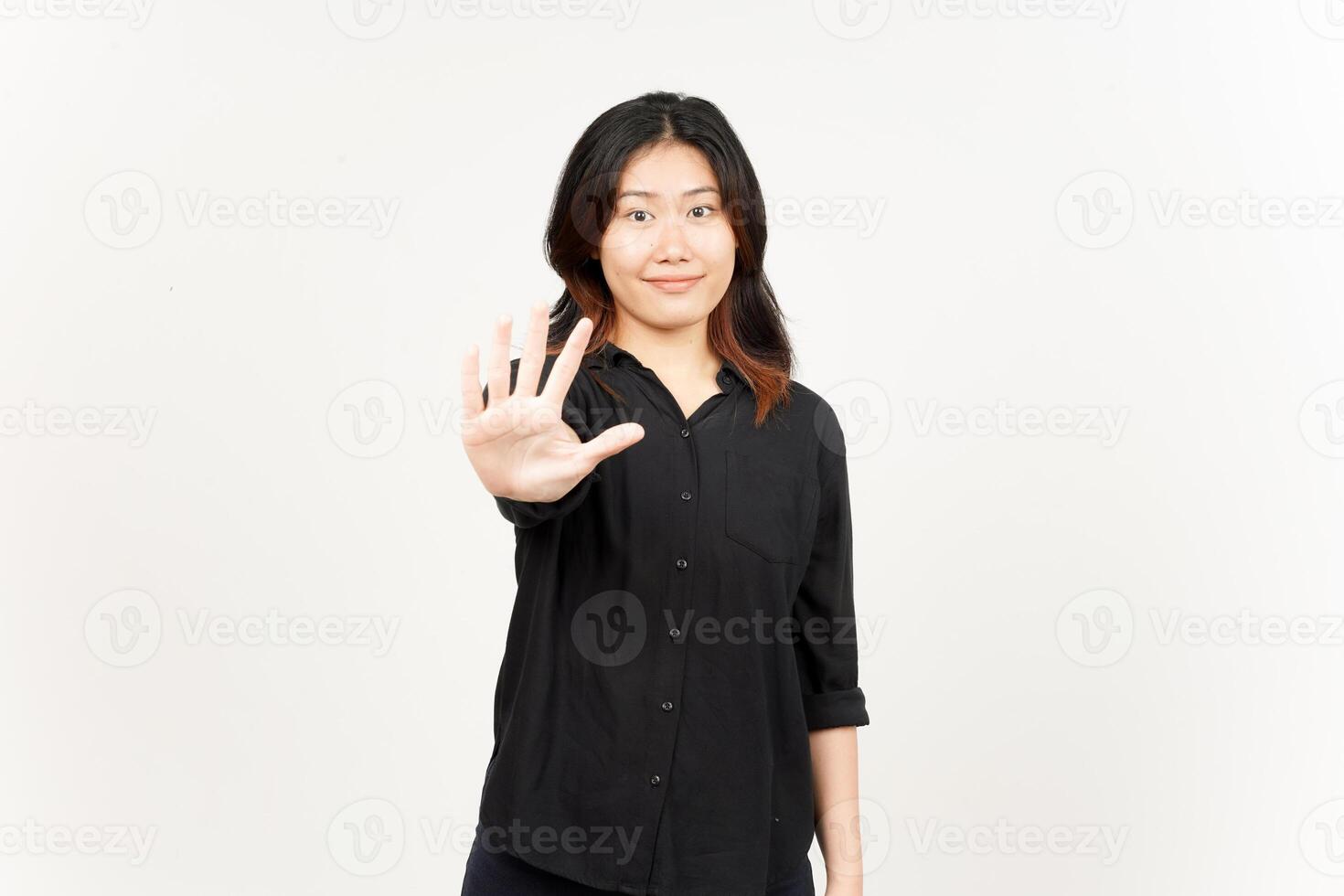 Showing count five finger of Beautiful Asian Woman Isolated On White Background photo
