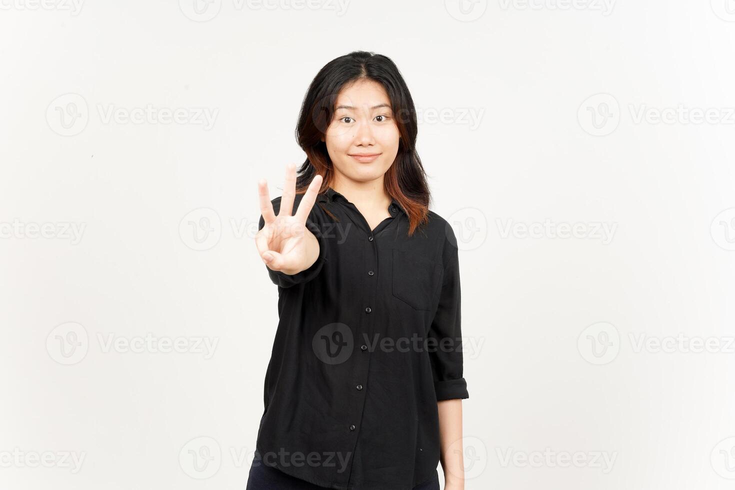 Showing count Three finger of Beautiful Asian Woman Isolated On White Background photo