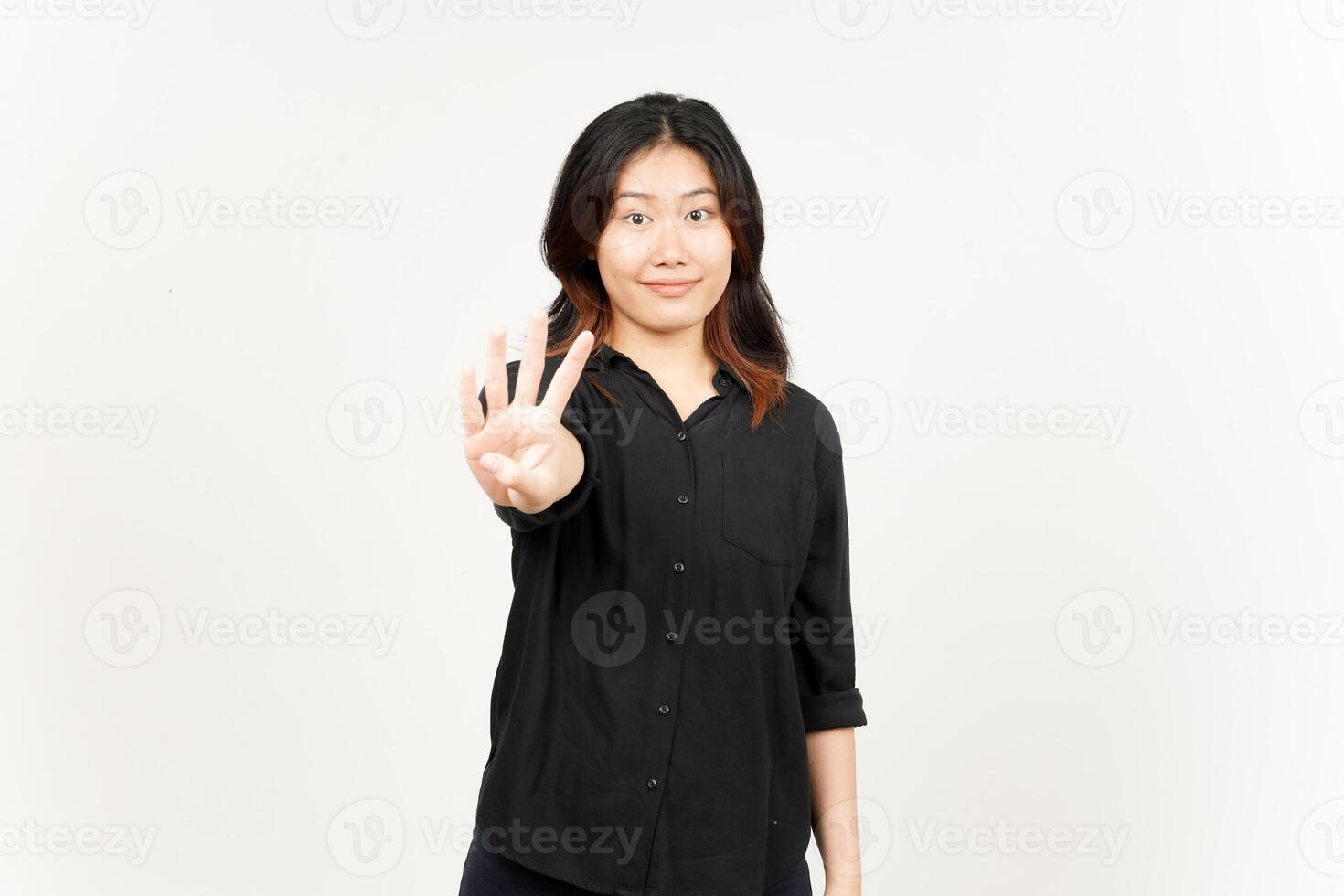 Showing count four finger of Beautiful Asian Woman Isolated On White Background photo