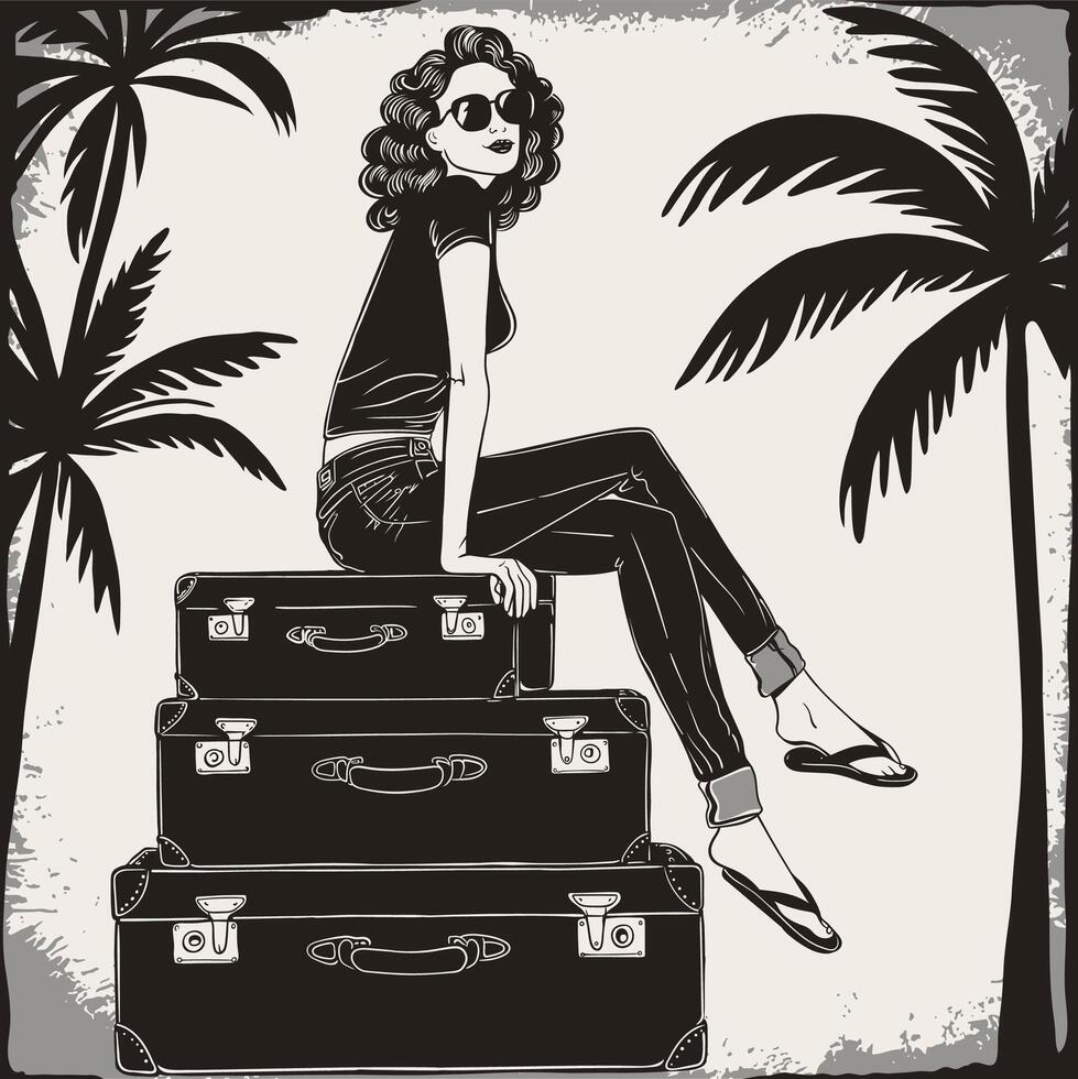 Retro Travel Illustration with Person Sitting on Suitcases vector