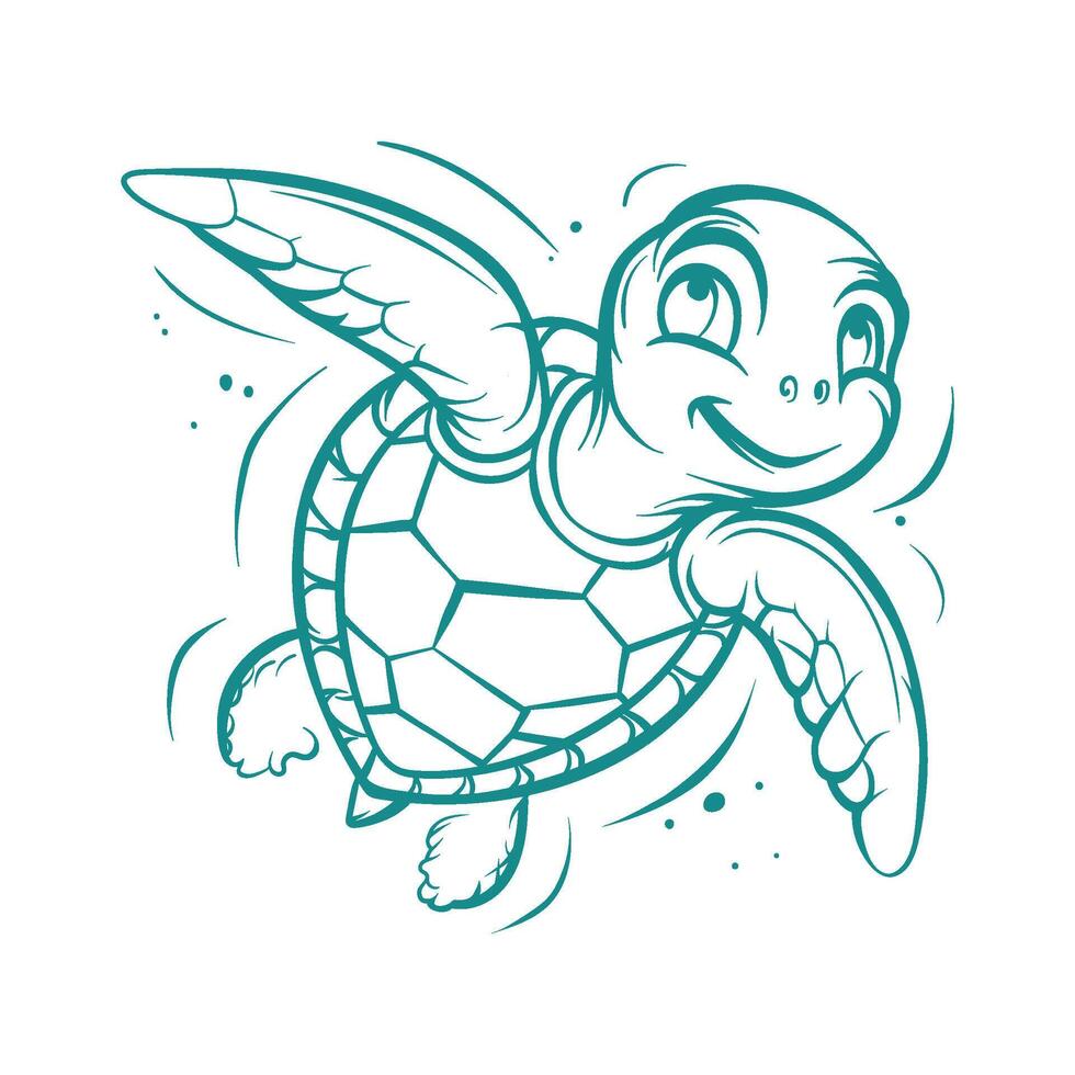Playful and whimsical line drawing of a cartoon sea turtle swimming joyfully through the water vector