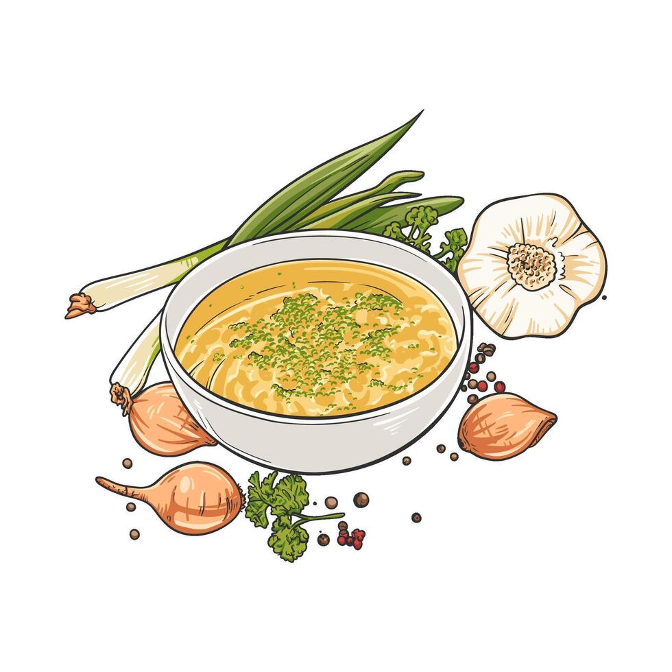 Creamy Soup with Fresh Herbs and Ingredients Illustration vector