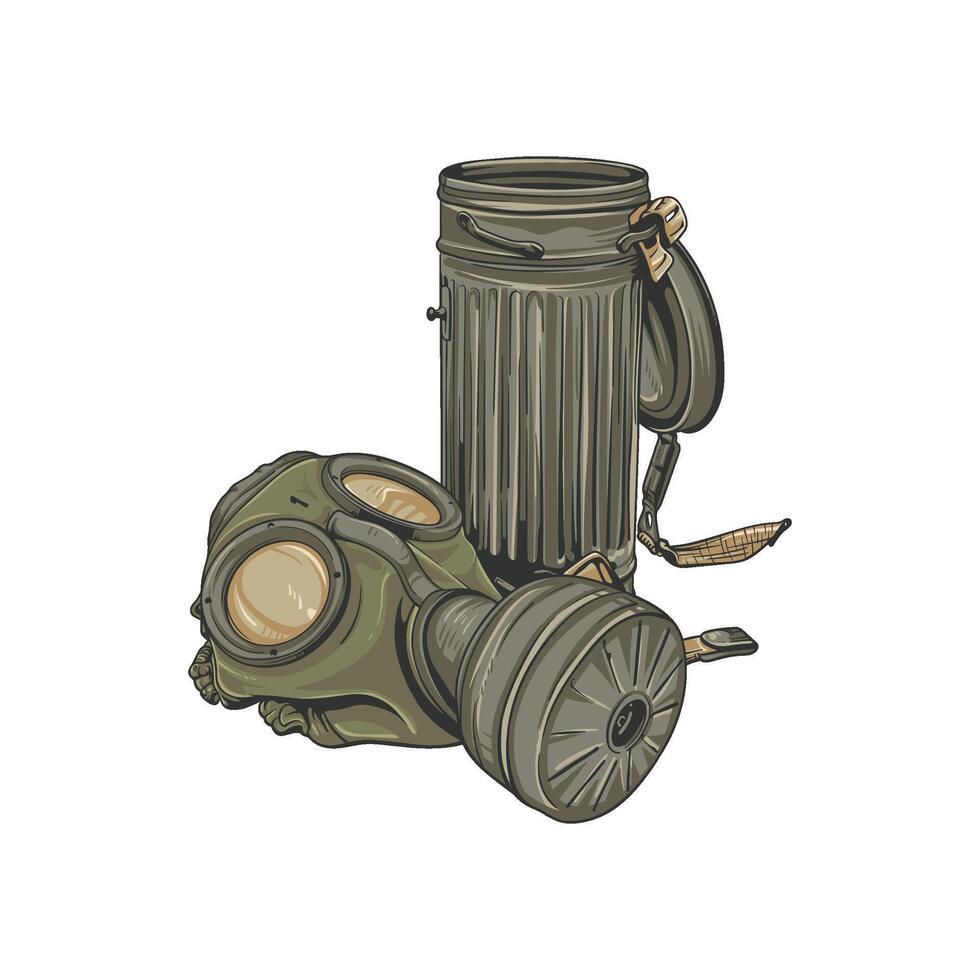 Retro Military Gas Mask with Carrying Canister vector