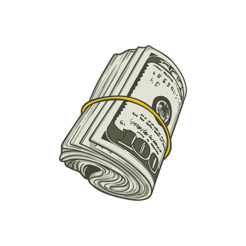 Rolled Bundle of Hundred Dollar Bills with Rubber Band vector