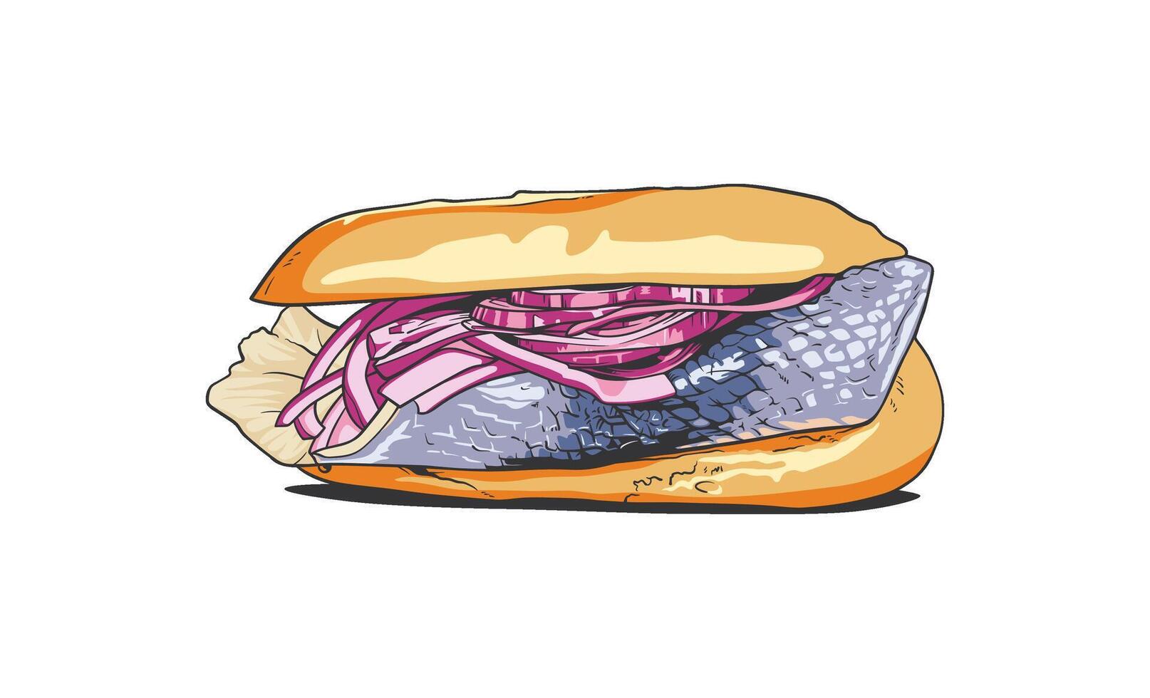 Illustration of a Fresh Fish Sandwich with Red Onions and Lettuce vector