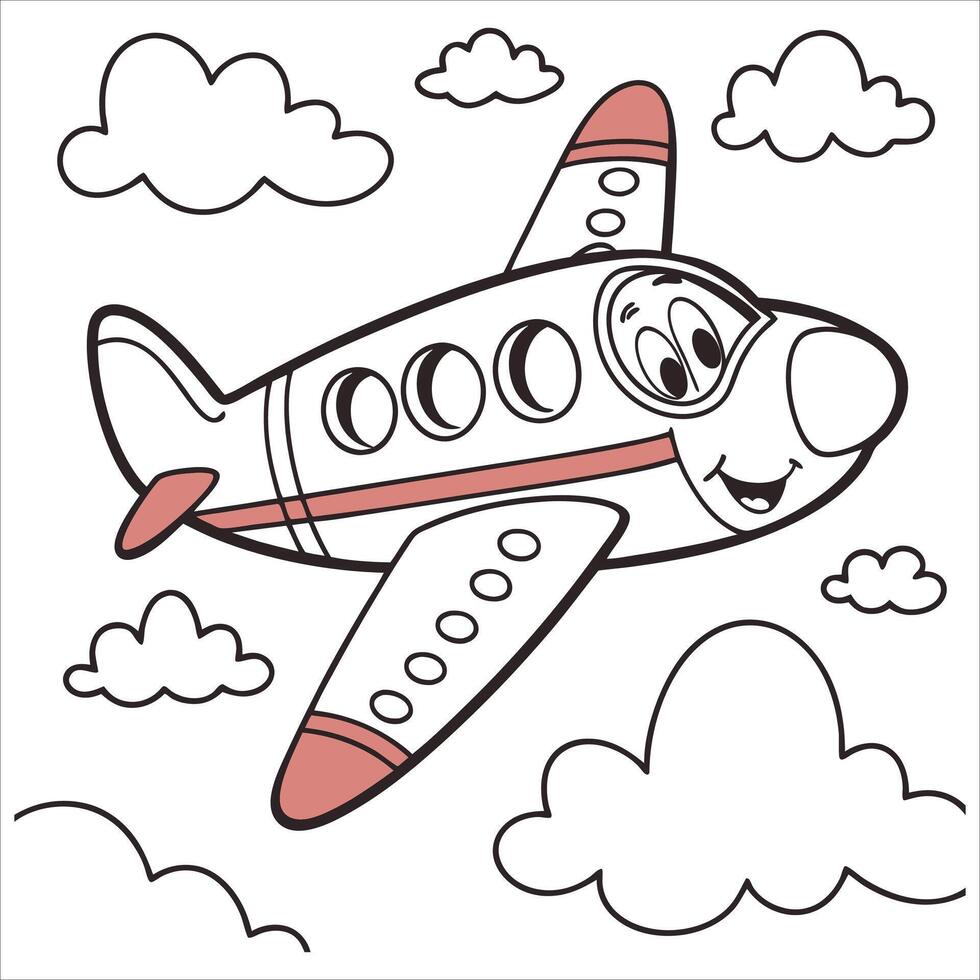 A cartoon airplane flying in the sky coloring page vector