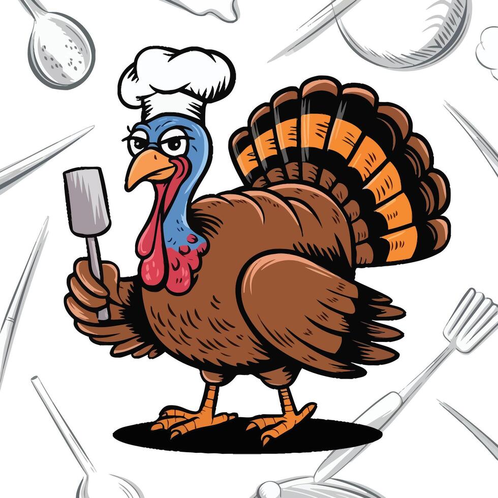A cartoon turkey chef holding a spatula and knife vector