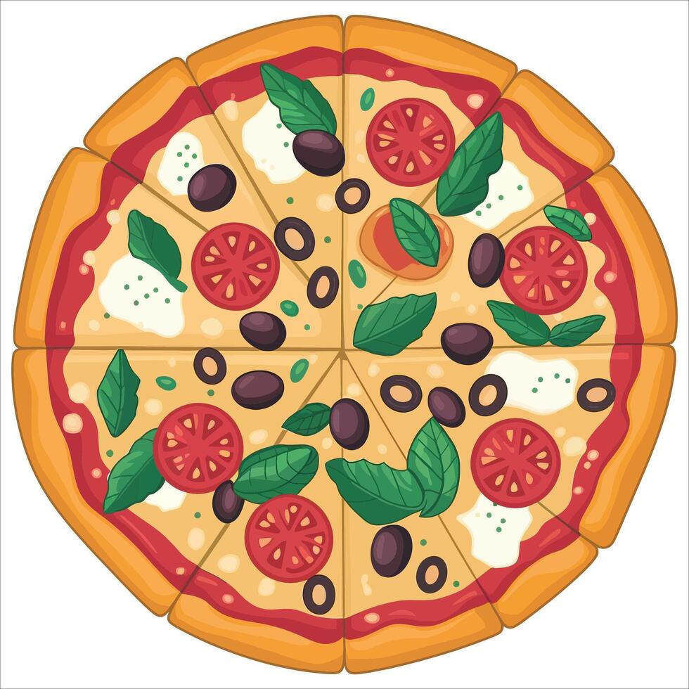 A pizza with olives, tomatoes and cheese vector