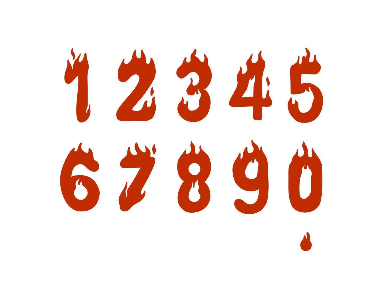 set number 0 until 9 hand drawn fire vector